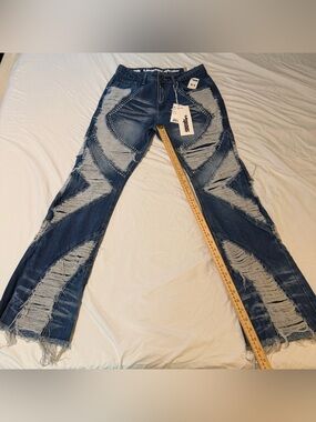 Frayed Dark Blue Men's Wide-Leg Jeans with Stud Detailing